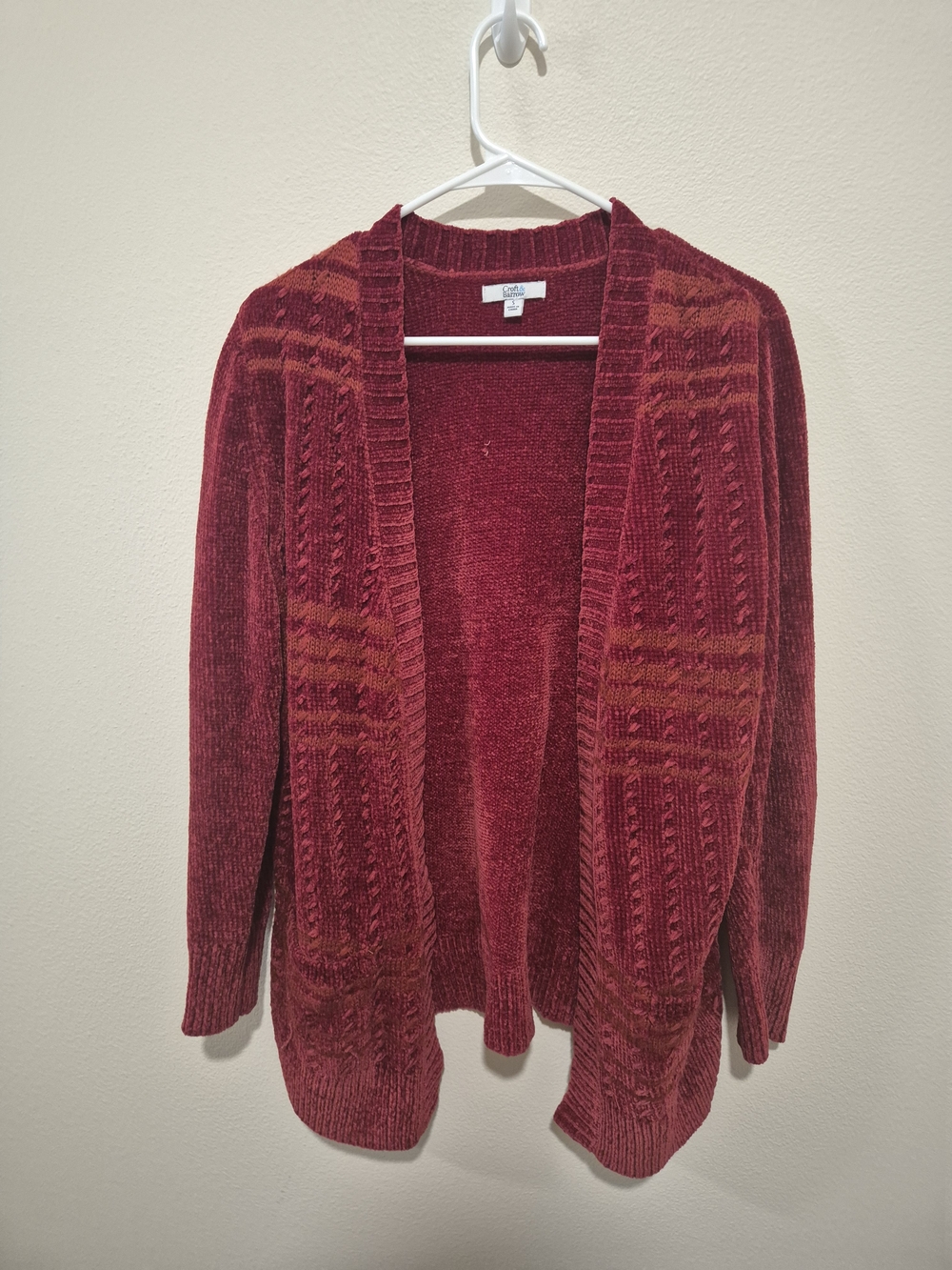 croft & barrow Red Open-Front Chenille Cardigan with Patterned Panels